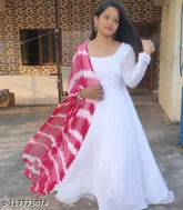 White Georgette Anarkali Gown, high-quality and lightweight, full-length with 3/4 sleeves, perfect formal or bridal wear