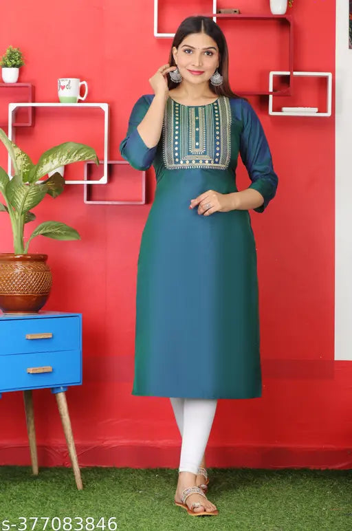 Green Art Silk embroidered kurti, three-quarter sleeves, Indian handcrafted women's fashion
