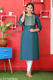 Green Art Silk embroidered kurti, three-quarter sleeves, Indian handcrafted women's fashion