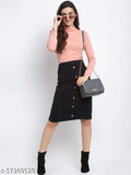 Cotton blend black ribbed party skirt, non-transparent and stretchable for fashion-forward women