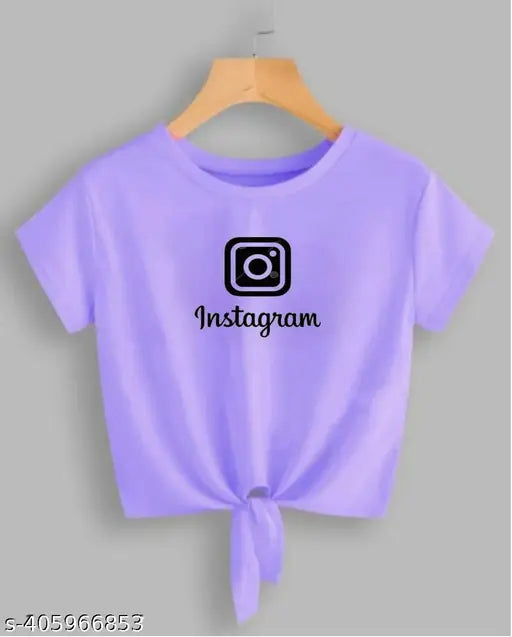 Lavender Lycra crop top with Instagram printed design, short sleeves and round neck for women, India origin