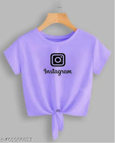 Lavender Lycra crop top with Instagram printed design, short sleeves and round neck for women, India origin