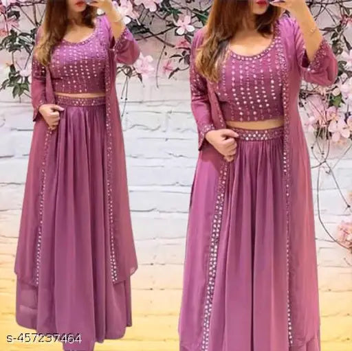 Dark pink Georgette gown with choli skirt, long dress for women's wedding party wear or festivals. Embroidered, trendy indo-western set for Bollywood-style events, birthday engagements, receptions, and western occasions