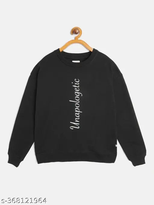 Navy cotton sweatshirt for women and girls, printed with bold "Unapologetic" design, ideal for casual outings from age 8 to 15 years old. Made in India