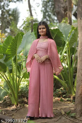 Peach pink Georgette choli plazzo pair, A-line palazzos with embroidered sleeves and matching dupatta, ideal for formal occasions