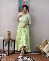 Green rayon embroidered gown with three-quarter sleeves, Indian bridal outfit for larger sizes (L: Bust 40in, Length 48in), on hanger