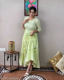 Green rayon embroidered gown with three-quarter sleeves, Indian bridal outfit for larger sizes (L: Bust 40in, Length 48in), on hanger