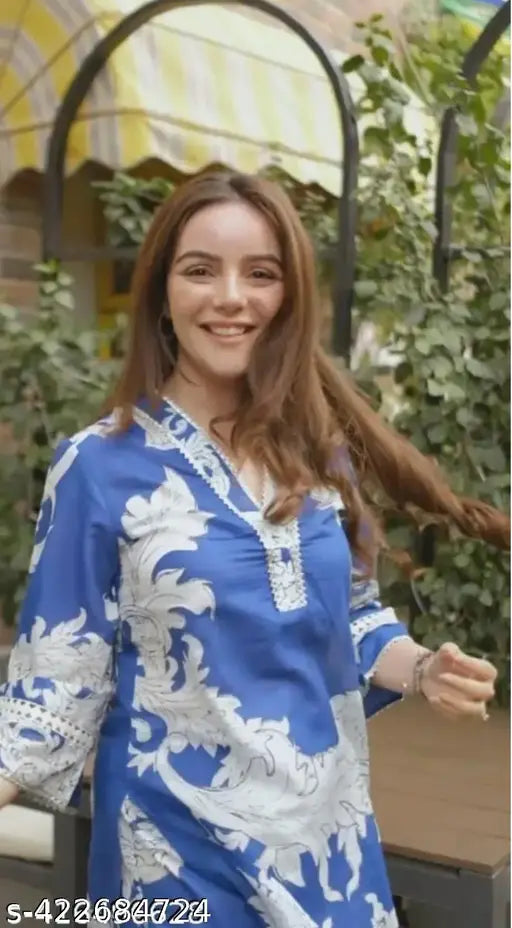 Printed cotton Sky Kurti Pant Set, three-quarter sleeves palazzo bottoms, Pack of 2 (S - M, L, XL, XXL)