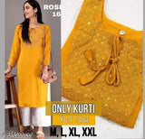 Rayon embroidered kurti, three-quarter sleeves, Indian women's traditional clothing on hanger