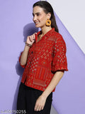 New Fancy Designer Rayon Block Print Top, three-quarter sleeves - vibrant Indian summer fashion
