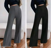 Designer black cotton blend bell bottom palazzo trousers for women, solid net pattern, sizes S-XXL