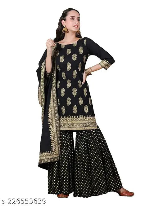 Women's viscose straight black festive gold gharara kurta dupatta set with gota work - elegant floral design for festive occasions on model