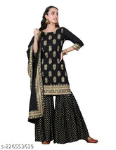 Women's viscose straight black festive gold gharara kurta dupatta set with gota work - elegant floral design for festive occasions on model