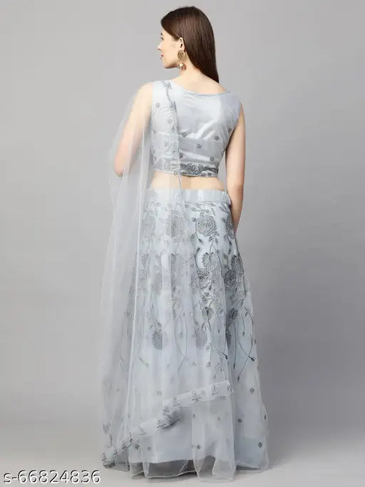 Sky Blue net beads and stones semi-stitched Lehenga Choli with dupatta, embellished for traditional Indian celebrations