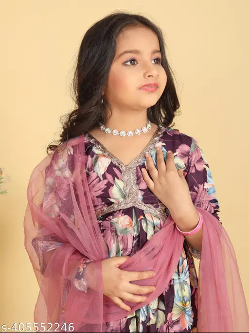 New Designer Printed Kora Muslin Kurta Sharara & Dupatta Set for Kids in A-line style, vibrant colors, and intricate patterns. Soft and comfortable for play, perfect for festivals and family gatherings
