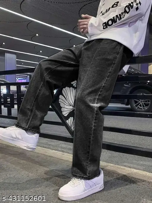 Light blue denim straight fit men's baggy jeans, solid pattern, size 34/29in/40in/35in, India origin