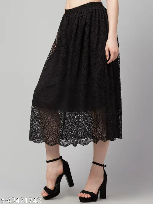Lace self-design net western skirt for women, feminine and ravishing, free size or S-32 waist, 30 in length
