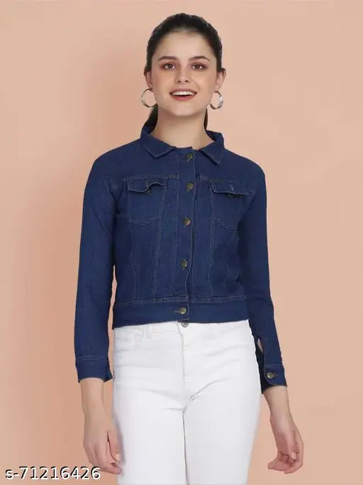 Dark blue denim solid full sleeve jacket for women, perfect for casual outfits