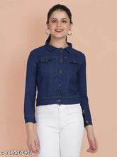 Dark blue denim solid full sleeve jacket for women, perfect for casual outfits