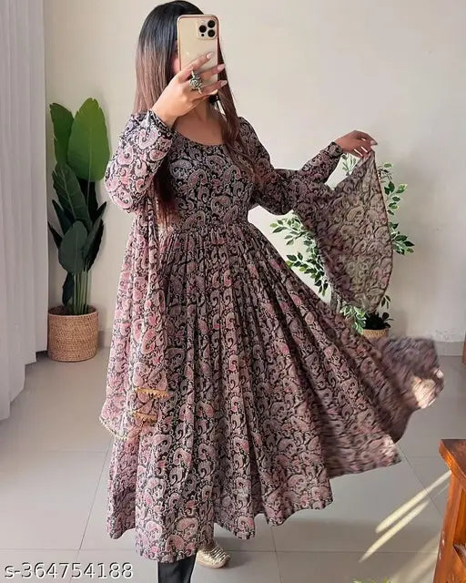 Georgette kurti for women, long-sleeved Kalamkari print, single size S-7XL, Indian handcrafted clothing