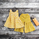 Haldi ethnic wear for kids 1-10 years, cotton cambric straight sharara with printed pattern, Indian traditional outfit for girls without dupatta
