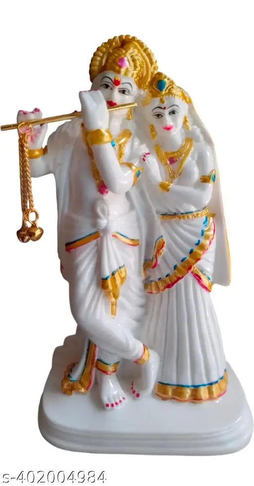 Marble Radha Krishna statue, intricately carved with peaceful deities, ideal for home or office decor, origin India