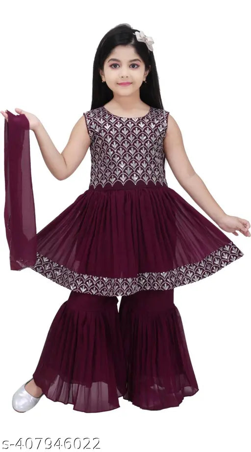 Embroidered georgette anarkali kurta set with palazzos, sleeveless and above knee length, for kids girls aged 2-11 years. Indian ethnic fashion embroidery work