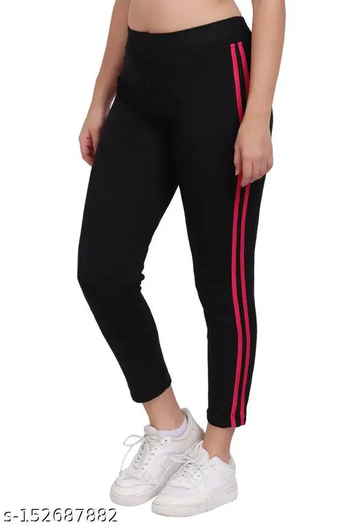 Striped cotton blend jeggings for sports and yoga, ankle length with stretchable fit. Trendy fitness apparel, 270 GSM, size 28/30/32 (waist 28/30/32, hip 28/30/32, length 36 in). Made in India