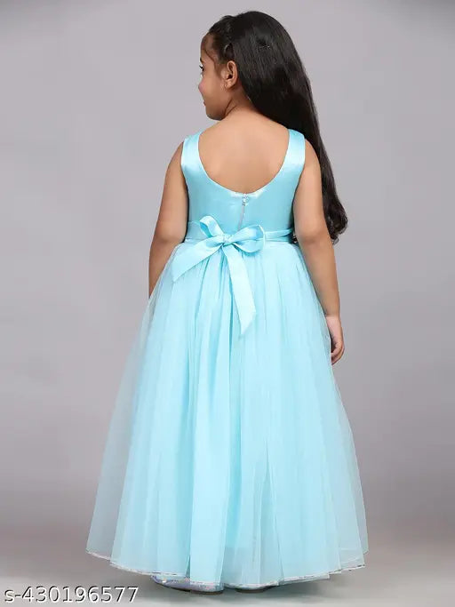 Sky blue net dress, full length for kids partywear, sleeveless print design, sizes 1-13 years
