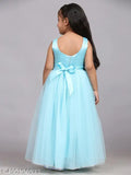 Sky blue net dress, full length for kids partywear, sleeveless print design, sizes 1-13 years