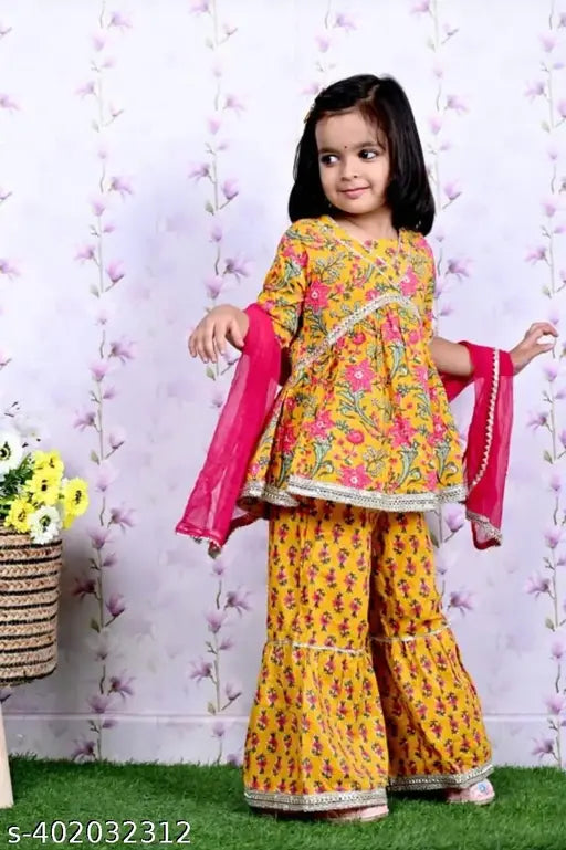 Printed A-line cotton kurti-sharara & dupatta set, 9-10 years, Indian premium quality with heavy gota detailing