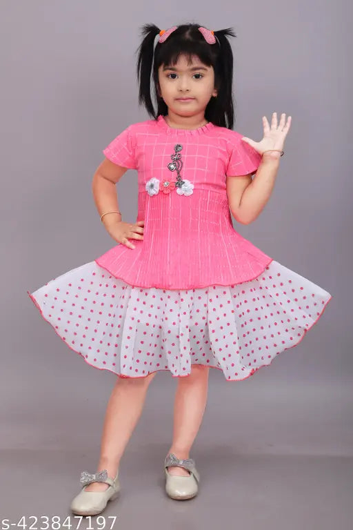 Cute fancy cotton blend printed dress set for girls, three-quarter sleeves, solid top with patterned bottom, various sizes available from 6-9 months to 8-9 years. India origin