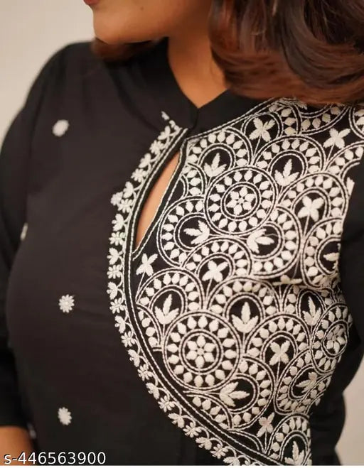 Rayon embroidery work kurti with palazzos, printed net, three-quarter sleeves - VEDIKA FASHION