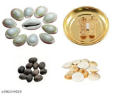 Brass Lakshmi Charan Paduka, Kamal Gatte Seed & Kaudi/Kaudi, Gomti Chakra (11 pcs each) for Diwali & Laxmi Pooja - Traditional religious items from India for puja and worship, believed to bring positivity, success, and protection