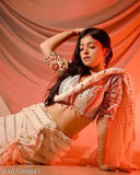 White Georgette embroidered sequin saree with banarasi silk blouse piece, zari woven pattern on display