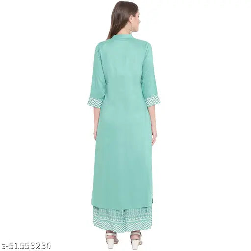Charvi Rayon Kurta Set with Palazzos, printed net, three-quarter sleeves. Indian women's fashion in M and XL sizes