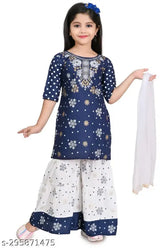 Stylish rayon kids' kurta Palazzo set with printed A-line top and three-quarter sleeves, dupatta included. Sizes: 3-4Y, 4-5Y, 5-6Y, 6-7Y, 7-8Y, 8-9Y, 9-10Y, 10-11Y, 11-12Y. Indian-made kids' fashion