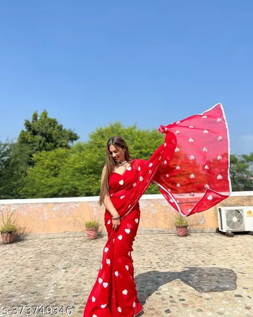 Red georgette saree with heart print, Karwa Choth special, featuring beautiful thread Gamthi work and border piping, free size, India origin