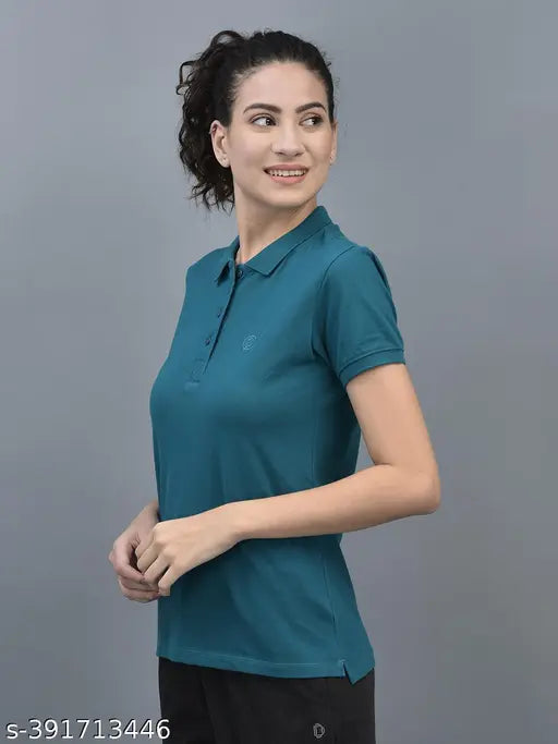 Teal cotton blend polo neck t-shirts pack of 3 for women's athleisure, India origin