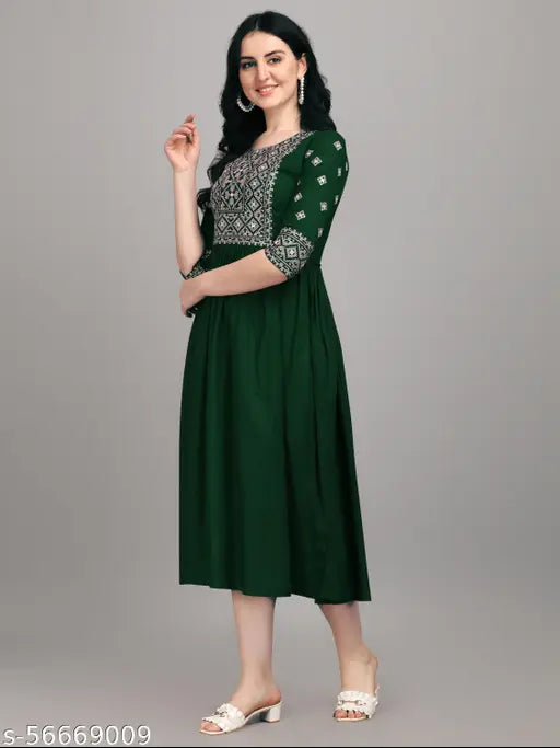 Embroidered rayon three-quarter sleeve kurti by Jivika, suitable for various seasons and sizes S to XXL