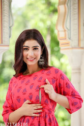 Printed maternity nightgown, three-quarter sleeve design, zippered feeding suit for pre/post pregnancy, Indian origin