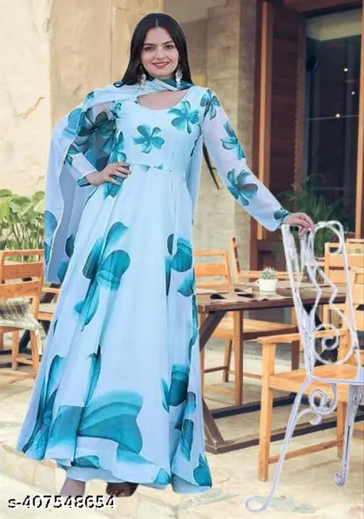 Light blue georgette Anarkali dress with floral print & dupatta, Indian ethnic wear for women