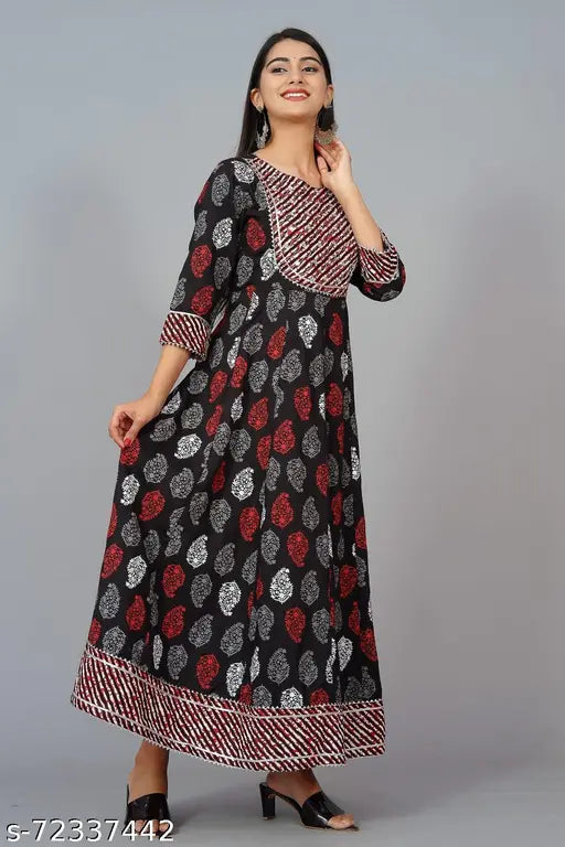 Black rayon floral print Anarkali Kurta with three-quarter sleeves, suitable for casual occasions - Indian women's fashion