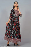Black rayon floral print Anarkali Kurta with three-quarter sleeves, suitable for casual occasions - Indian women's fashion