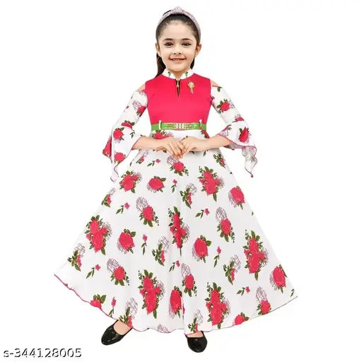 Pink cotton blend A-line maxi gown, printed full length frock dress for girls aged 6-8 years