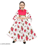 Pink cotton blend A-line maxi gown, printed full length frock dress for girls aged 6-8 years