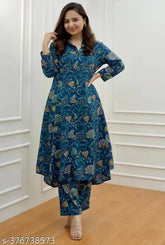 Rayon Slub ethnic 2-piece kurta set for women, printed net with ankle-length palazzos