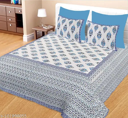 Pure blue floral-printed cotton king size (90x108 inch) bedsheets, superfine quality for double bed, made in India