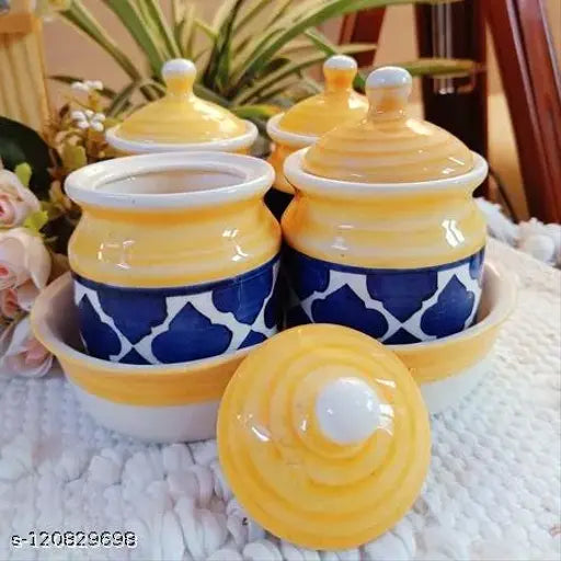 Yellow ceramic multipurpose storage jars (4 pack, 500 ML, 4 inch) handpainted by Indian artisans, ideal for kitchen storage and utensils