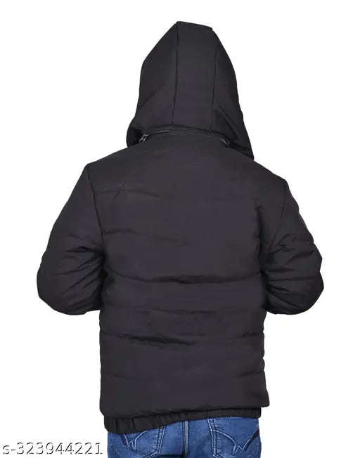 Blue cotton boys' bomber jacket, regular fit with detachable hood and functional pockets for winter wear